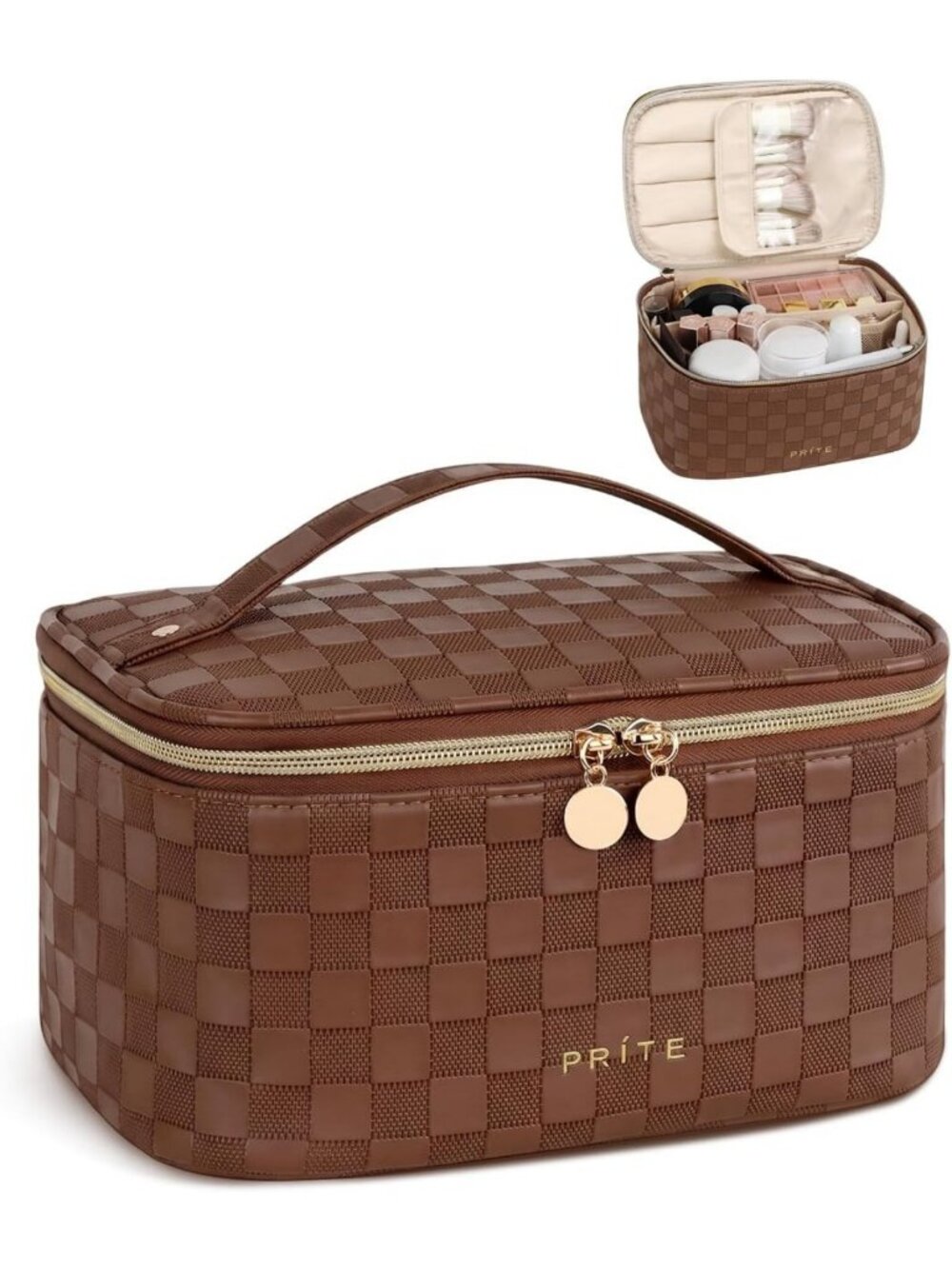 Stylish Checkered Brown Makeup Bag | Travel Cosmetic Case & Toiletry Organizer